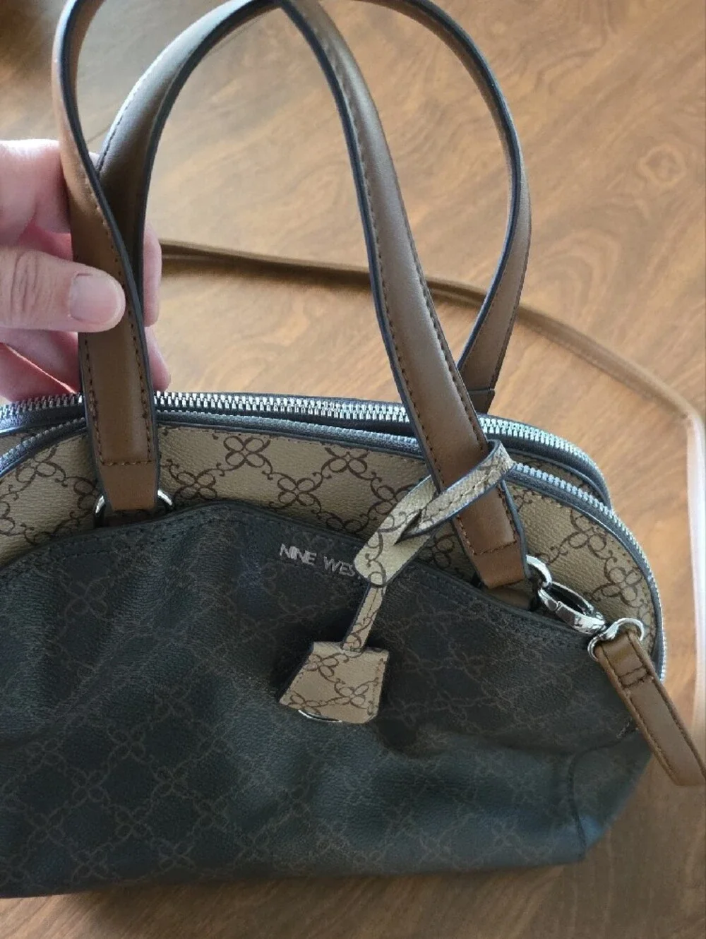 Nine West Brown and Tan Monogram Satchel with Shoulder Strap